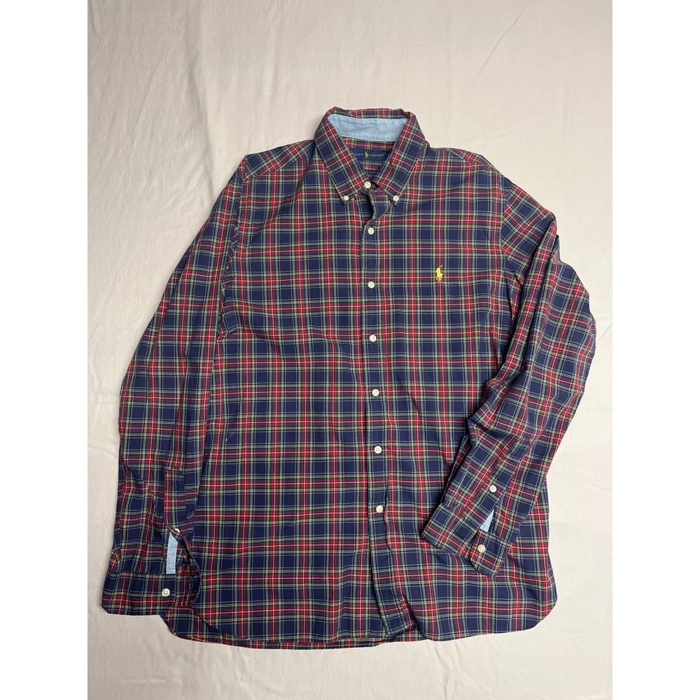 Ralph Lauren Mens Plaid Button Down Shirt Navy Red Green Yellow Size L